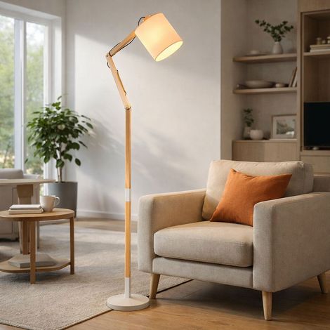 LED Stehlampe Wohnzimmer Holzleuchte Standlampe Stehleuchte mit verstellbaren Gelenken, Metall Textil weiß, 1x E27 LED warmweiß, LxH 75x172 cm
