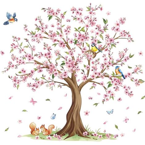 Cherry Blossom Tree Wall Stickers Nature Birds Squirrels Removable DIY Wall Decoration for Living Room Bedroom Children Dining Room Office (1/5)