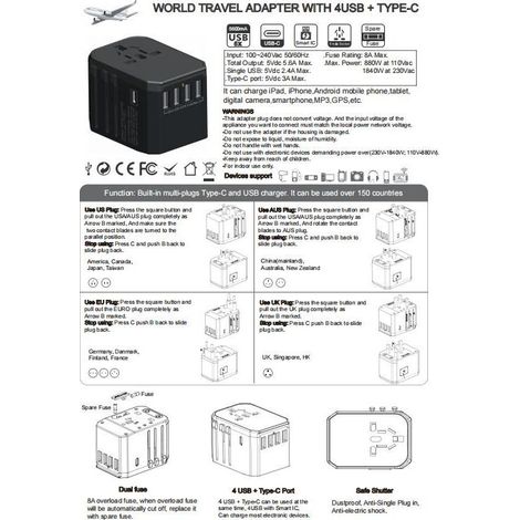 ZVD Adaptateur de voyage international Adaptateur universel avec 1 USB-A + 2 Type C pour téléphones portables, ordinateurs, tablettes, adaptateur de prise d'alimentation global tout-en-un pour États-U (1/4)