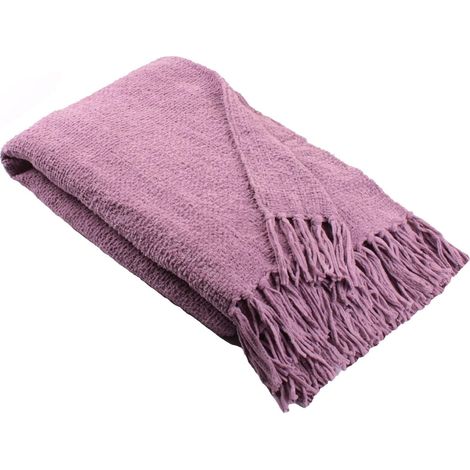 Couvre-lit chenille chiné 130 x 180 cm Violet Couverture de canapé texturée pompons (1/2)