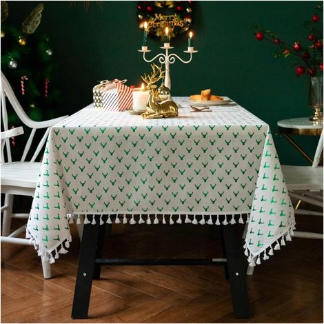 Grüne Tischdecke, Weihnachtstischdecke, Tischdecke aus Baumwolle und Leinen, Yoga-Tischdecke, fleckenabweisend, für Wohnzimmer, Esszimmer, Balkon, Garten, 110 x 110 cm (1/5)