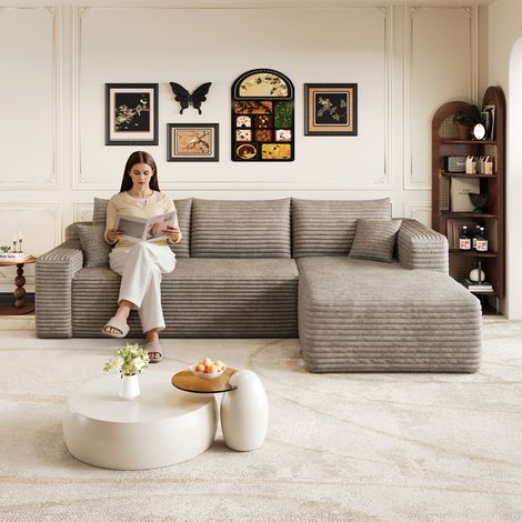 Canapé Modulaire 3 Places en Velours Côtelé avec Méridienne à Droite, Sans Assemblage, Chameau