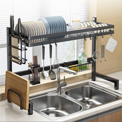 Over Sink Dish Drainer, Large 1-Tier Dish Drainer for Kitchen Sink, Over Sink Shelf, Storage Organizer with Utensil Holder and Cutting Board (1/4)