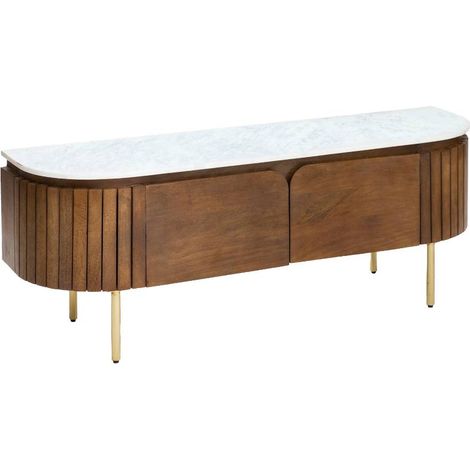 Made In Meubles – Meuble TV en bois de manguier et marbre blanc – Dimensions 140x40x52 cm – Style contemporain avec rangement – Pieds en métal doré (1/5)