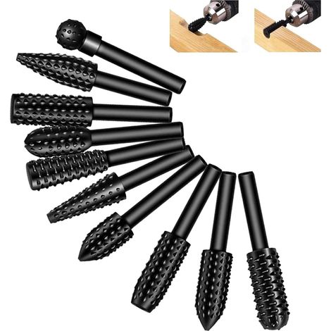 Lot de 10 fraises à bois pour perceuse, râpe à bois, limes, forets à bois, fraises à tige, outils de sculpture sur bois, fraise à boule, fraise à tenon, fraise conique (1/5)