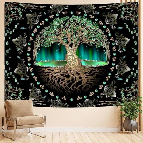 Tapisserie naturelle d'arbre de vie de style aurore, tapisserie de méditation à feuilles vertes, adaptée à la décoration de la maison, de la chambre à coucher, du salon, du dortoir (1/5)