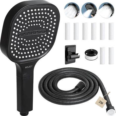 Pommeau de douche anti calcaire avec Tuyau 2m Pommeau de douche haute pression avec 3 modes douchette douche salle de bain pommeau douche Carré grand, 8 filtre, Support de Douche(noir) (1/5)