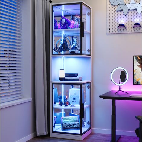 LED Vitrinenschrank (42 x 44 x 205 cm), mit doppelt verglasten Türen, Spiegelrückwand, Spanplatte, Glas, Weiß (1/5)