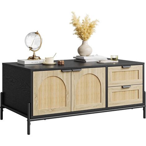 table basse rectangulaire rotin 2 tiroirs étagère led noir chêne salon (1/5)