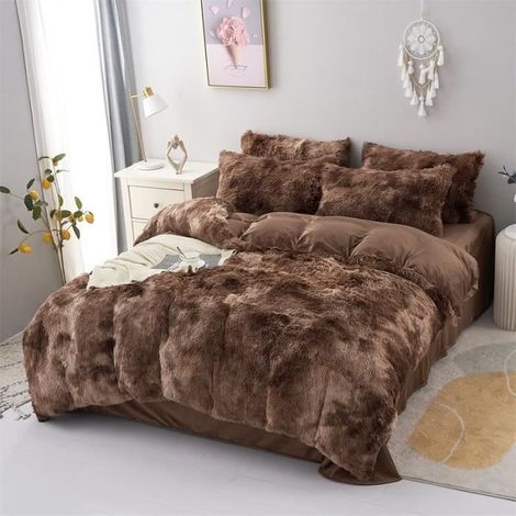 Parure de lit en flanelle moelleuse de 200 x 230 cm, Shaggy et peluche - 1 Housse de couette,1drap et 2 taie d'oreiller, E (1/3)