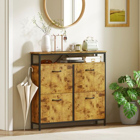 Meuble à chaussures avec 4 tiroirs rabattables, design fin, étagère ouverte, pour 12 à 20 paires de chaussures, acier, marron (1/5)