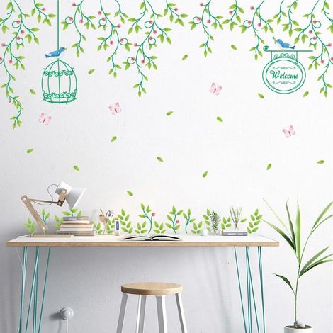 Sticker mural décoratif romantique en rotin et fleurs, cage à oiseaux (1/5)