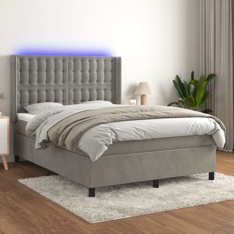 Sommier tapissier,Cadre de Lit adulte + Matelas à ressorts + LED Gris clair 140x190 cm Velours -99060 (1/5)