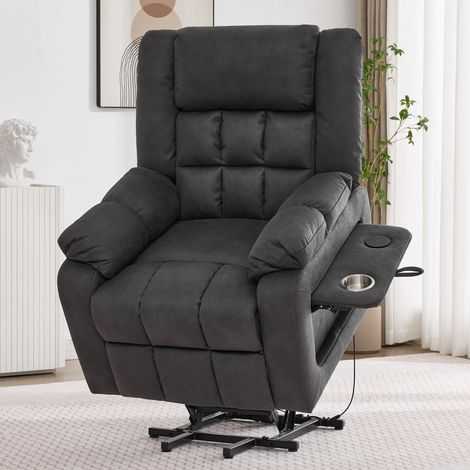 Poltrona TV elettrica regolabile, poltrona massaggiante con funzione massaggio e riscaldamento, poltrona per anziani, reclinabile con poggiapiedi, 2 tasche laterali e portabevande, porte USB, grigia