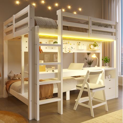 Cama alta 90x200 y 140x200 con escritorio, cajones, LED, blanco OKMYHOME (1/5)