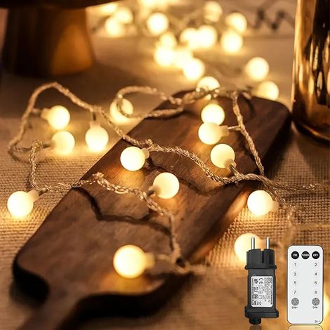 Guirlande Lumineuse Sphérique, 15M 120LED Guirlande Lumineuse d'Extérieur/intérieur avec Prise, 8 Modes avec télécommande pour Chambre à Coucher, Intérieur, Jardin, Noël et Mariage (Blanc Chaud) (1/5)