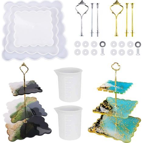 Silicone Moule pour Bijoux, 3 Niveaux Coaster Moule Resine Moules en Résine pour Tour à Dessert avec Support pour Cupcakes Fruits Dessert ou Thé, Carré (1/5)