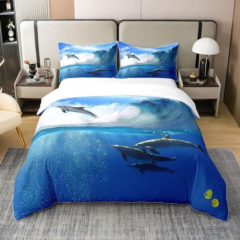 Saut Dauphin 100% Coton Housse de Couette 200x200cm Dauphin Enfant Parure de Lit garçon Fille Mignon Animaux Marin Literie Set Vie Marine Ensemble de lit - 200 x 200 cm + 2 taies d'oreiller 65 x 65 cm (1/5)