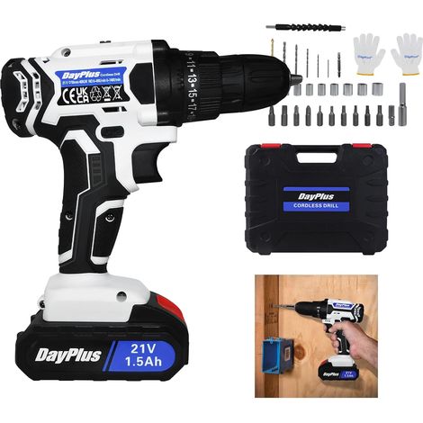 Perceuse Visseuse Devisseuse Ensemble de perceuses combinées sans fil 21V perceuse à percussion 25+1 couples avec mallette et 29pcs accessoires 2 Batteries Blanc (1/5)