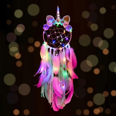Attrape-rêves licorne avec lumière LED colorée pour chambre de fille ou garçon, décoration murale à suspendre, cadeau de fête (rose)
