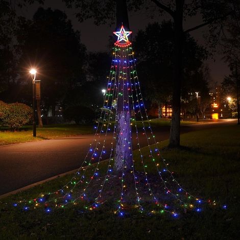 Guirnalda de luces solares, estilo cascada, con forma de árbol de Navidad y una estrella en la parte superior (luces de colores). (1/5)