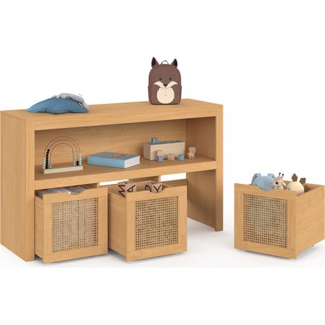 Contenitore per bambini EDHEN in legno e canna con 3 cassetti a cubo su rotelle