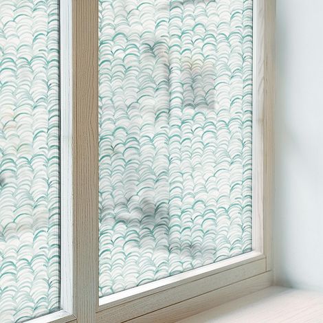 Fensterfolie 100x100 cm Selbstklebend Milchglas Dekorfolie Dekorativ Sichtschutz Fenster Folie für Badezimmer Schlafzimmer PVC Blickdicht Grüne Welle