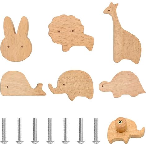 Bardusch-Lot de 6 boutons armoire bois enfants, motifs animaux, pour tiroirs, chambre (1/4)