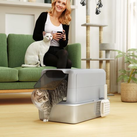 Arenero para gatos, bandeja de acero inoxidable, filtro, pala, para gatos de hasta 6 kg, 40,5 x 60,5 x 41,5 cm, gris/plata