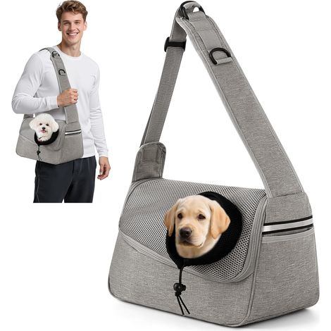(Gris Clair) Porte Chien Sac de Transport Respirant pour Petits Chiens et Chats Pochette de Voyage avec Bandoulière Ajustable et Poche Latérale pour Camping Voyages Extérieur