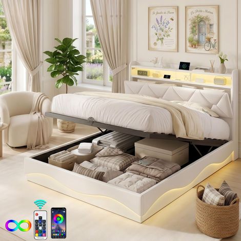 Polsterbett mit Bettkasten 140x200 cm mit LED und USB Typ-C - Samt-Doppelbett - Kopfteil mit Stauraum und Lattenrost - Doppelbett 140x200 cm - Beige