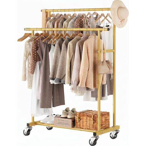 Portant à vêtements à double tringle, porte-vêtements à roulettes, organiseur de vêtements portable pour chambre à coucher, salon, magasin de vêtements, doré (1/5)