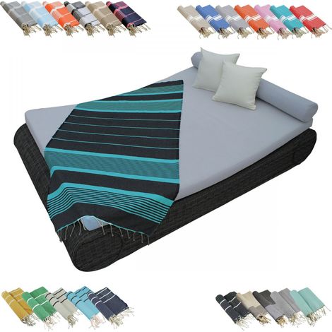 Véritable fouta Tunisienne 1m x 2m tissage à plat ou nid d'abeille 100% coton 380g - Gris foncé et bleu- Vivezen
