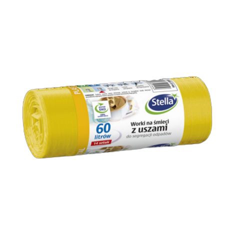 Sacchi per la raccolta differenziata Stella con manici, in plastica e metallo, 60 litri, confezione da 14 pezzi, colore giallo.