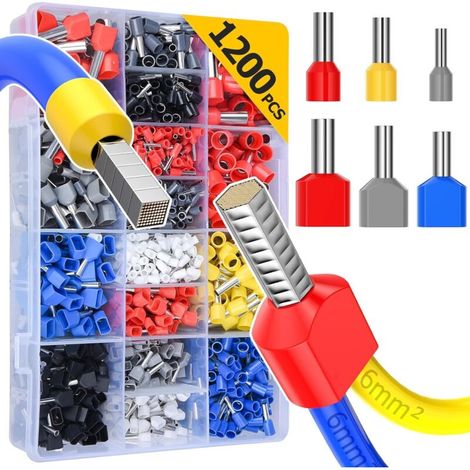 Lot de 1200 connecteurs creux pré-isolés à 2 fils pour fiches creuses, kit d'outils de sertissage pour l'électricité, l'industrie, etc (1/4)