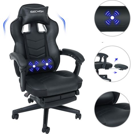 Puluomis – Chaise gaming ergonomique avec dossier réglable 90°-150° – Coussin lombaire à massage – Repose-pieds – Cuir PU noir – Charge max 150kg