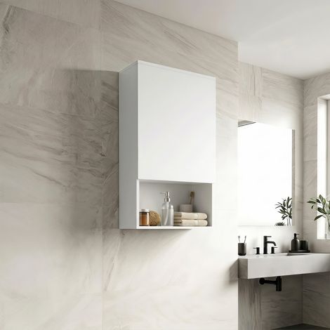 Meuble de salle de bain mural, avec étagères et porte réglables, blanc (1/5)