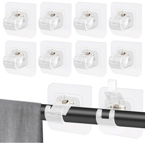 10 Pièces Support Tringle Rideaux Sans Percage,Supports de Tringle Auto Adhésifs Transparent,Support AméLioré Rideaux,Sans Percage Support Crochets pour la Maison, la Salle de Bain-
