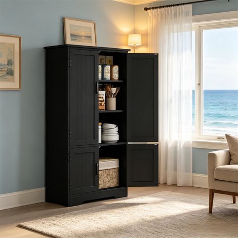 Buffet de Cuisine Cabinet de Rangement - 60x30x123cm - 4 Portes Canelées Multi-Rangement Style Moderne Chic - Noir (1/5)