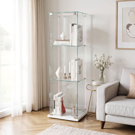 Glas Vitrinenschrank mit LED-Leuchtband, Modern Glasvitrine mit 3 Ablagen für Sammlerstücke, Standvitrine mit 1 Tür und Schloss, für Wohnzimmer, Schlafzimmer und Büro, Weiß (1/5)