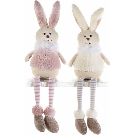 Coniglietti pasquali con gambe lunghe e abito in pelo e piumette, set da 2 pezzi, cm 14x9x30H (orecc.estese)