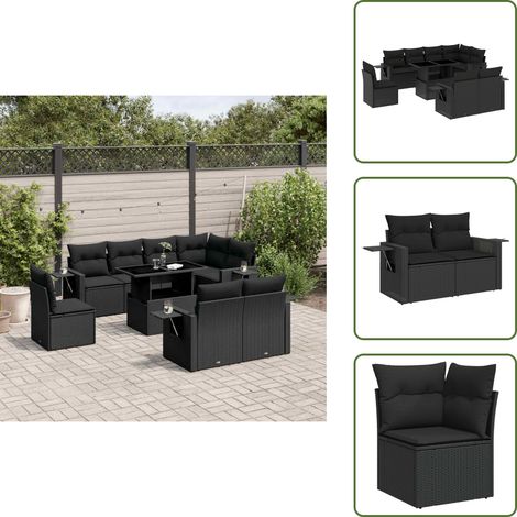 9-tlg. Garten-Sofagarnitur mit Kissen Schwarz Poly Rattan - Gartenmöbel Set - Esszimmergarnitur - Outdoor Möbel - Lounge Garnitur - Rattan Gartenmöbel (1/5)