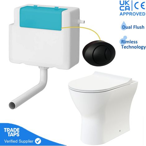 Rimless Back to Wall Toilet BTW Pan Soft Close WC Concealed Cistern Flush - Black Round (1/5)