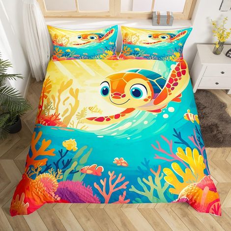 Housse de Couette Tortue 140x200 avec 1 Taie d'oreiller, Parure de Lit Aquarelle Vie Marine Animal, Sets de Housses de Couettes Tortue de Mer Mignonne, Couvre Lit Océan sous-Marin (1/5)