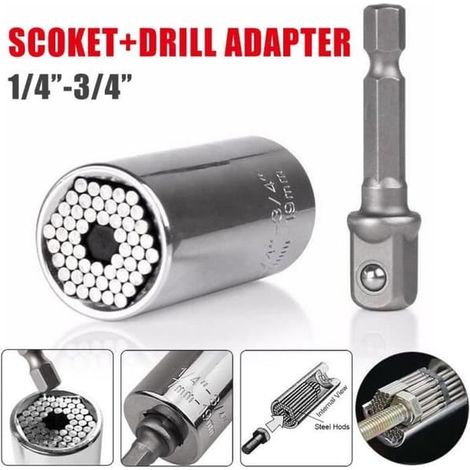 Douille à cliquet - Argent - Adaptateur de perceuse - 7-19 mm - Acier rapide - 26 x 52 mm (1/4)