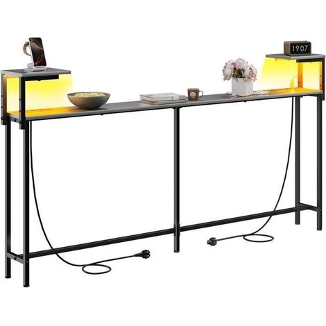 ECOFURNIX Table Console Longue LED, 180cm Console Meuble avec 2 Prises et Ports USB-C, pour Couloir et Entrée, Gris