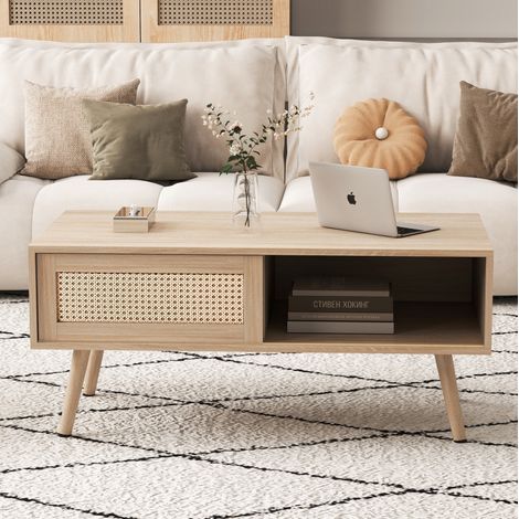Tavolino da caffè 105x55x40 cm color legno naturale in MDF con ante scorrevoli effetto rattan e gambe in legno massello (1/5)