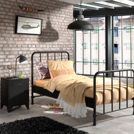 Lit Bronxx métal 90x200 (sommier incl.) avec table de chevet- (1/4)