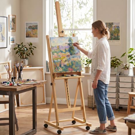Chevalet de peinture pliable en bois 238 cm avec roues, hauteur réglable, plateau naturel (1/5)