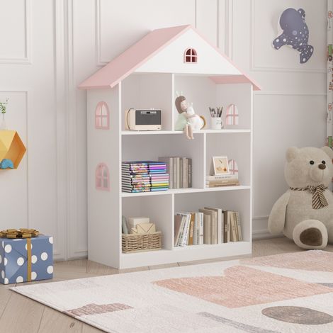 Estantería infantil Stange en forma de casa MDF 107x83x30cm - Blanco / Rosa [en.casa]